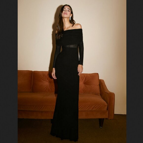 Commense XS Black Semi-Sheer Off Shoulder Long Sleeve Maxi Dress NEW NWT - Picture 1 of 2